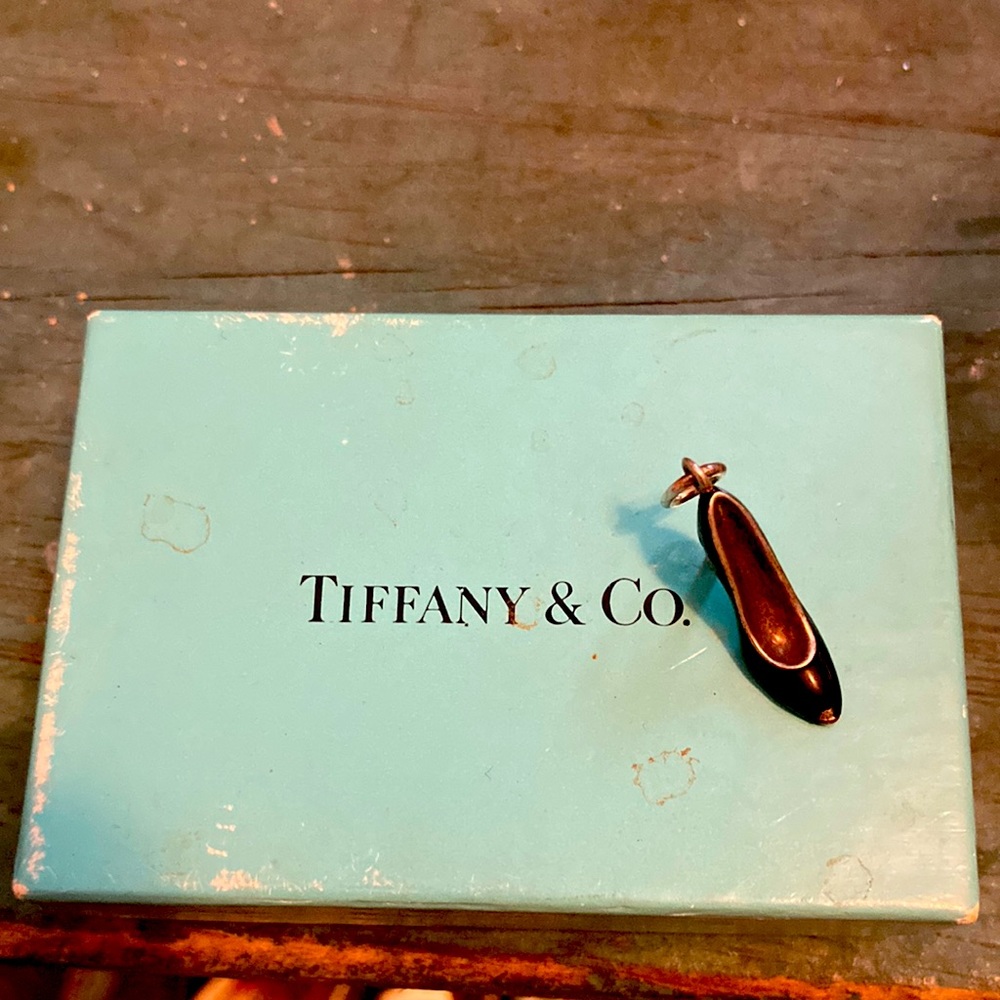 Tiffany shoe charm.  Black enamel top of shoe and Tiffany blue on the sole side